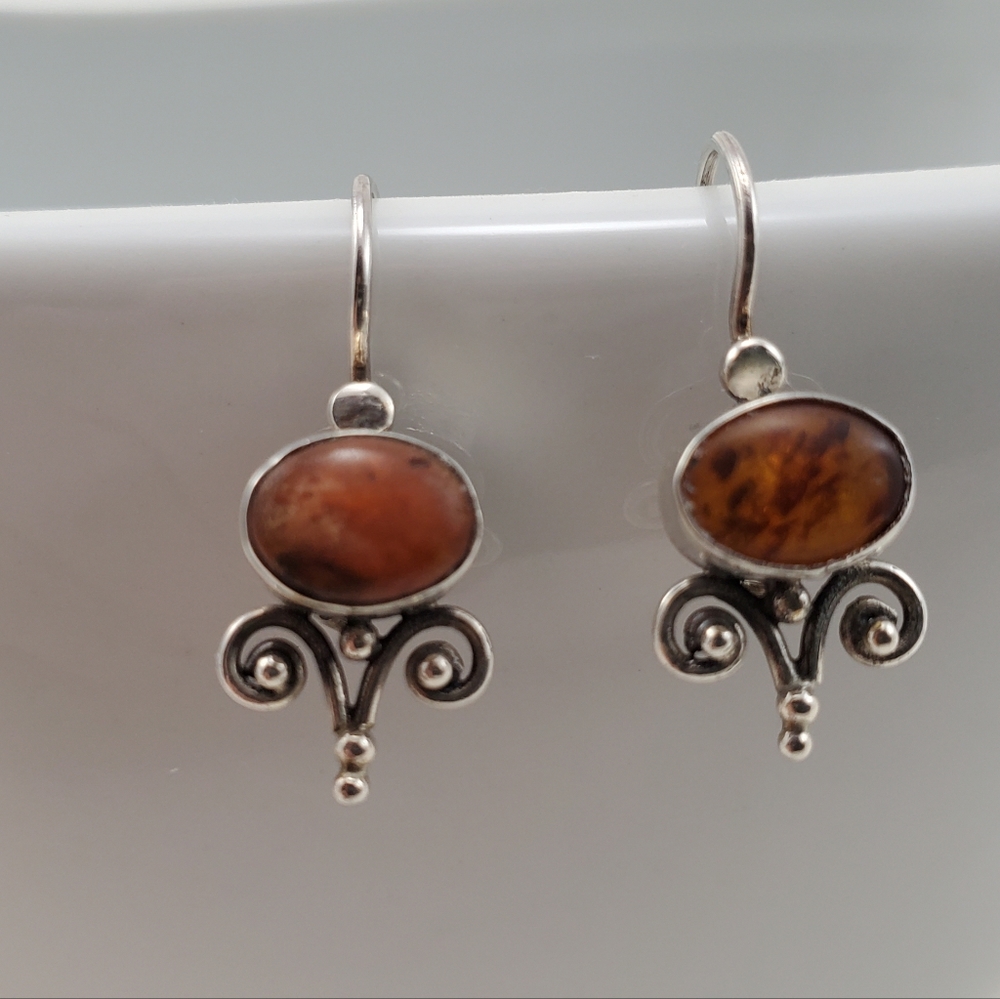 STERLING SILVER EARRINGS w/ AMBER COLORED STONES